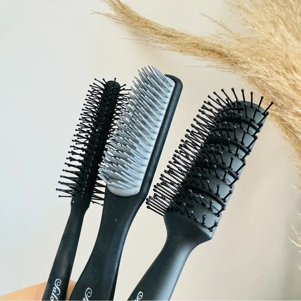 3 NEW SALON SILK Black Grey Round Vented Hairbrush Bundle Styling Tool Set